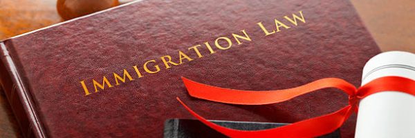 Leather bound Immigration Law book with gold embossed type with a judges gavel, legal document and a passport.